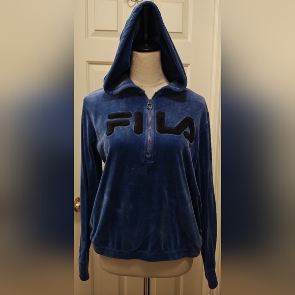 Fila Tops - Fila Blue Velour Half Zip Hoodie w Black Logo.
